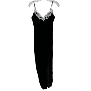 Elegant Black Velvet Slip Dress high slit vintage new lace sequin beaded 1/2
